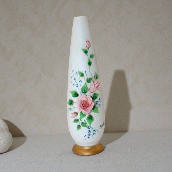 George Fine China Other - Vintage George Fine China Bud Vase Handpainted Pink Roses Gold Base Banff Japan